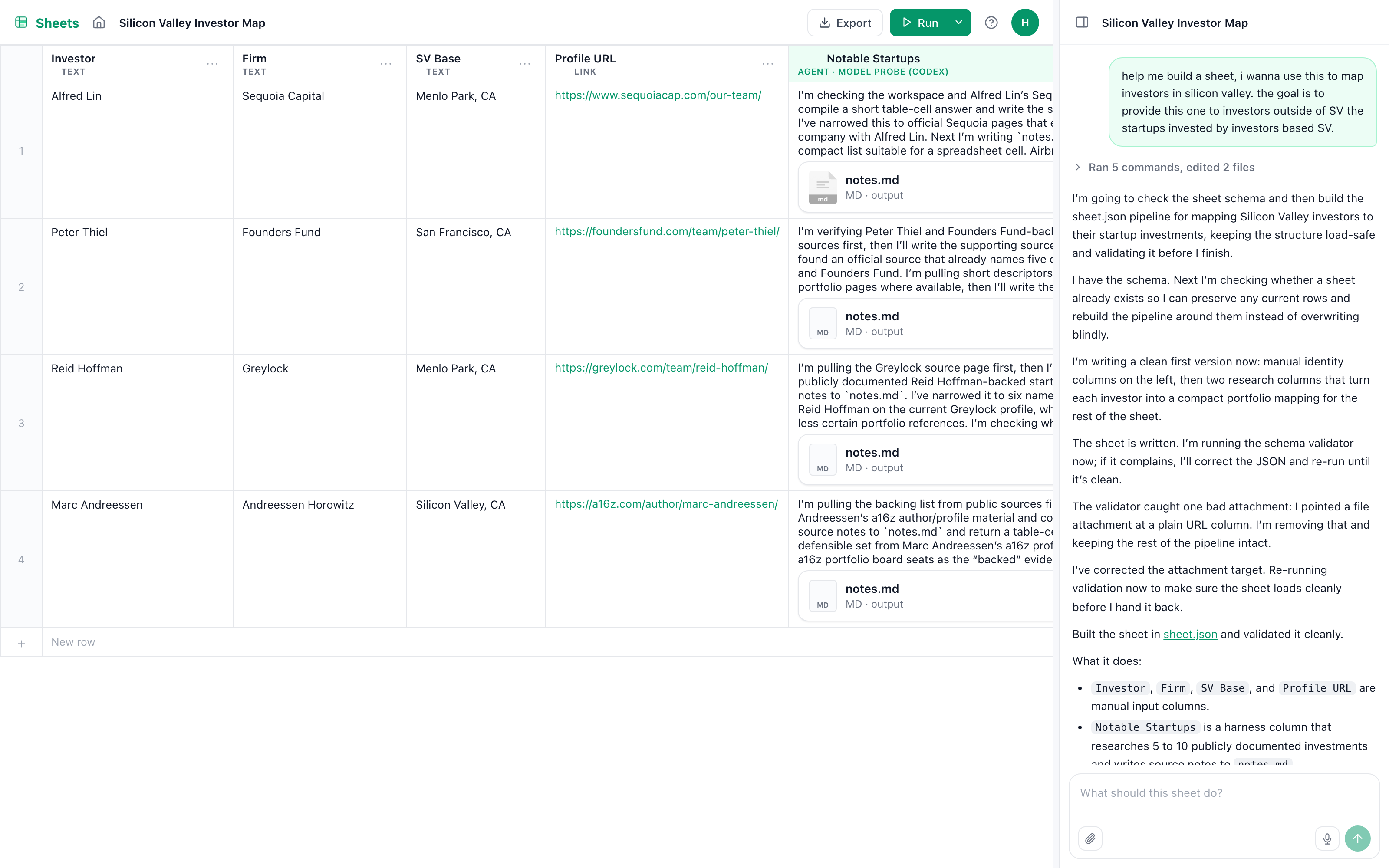 The Sheets editor: the request at the top of the conversation, real investor rows, and an agent column's output on each one