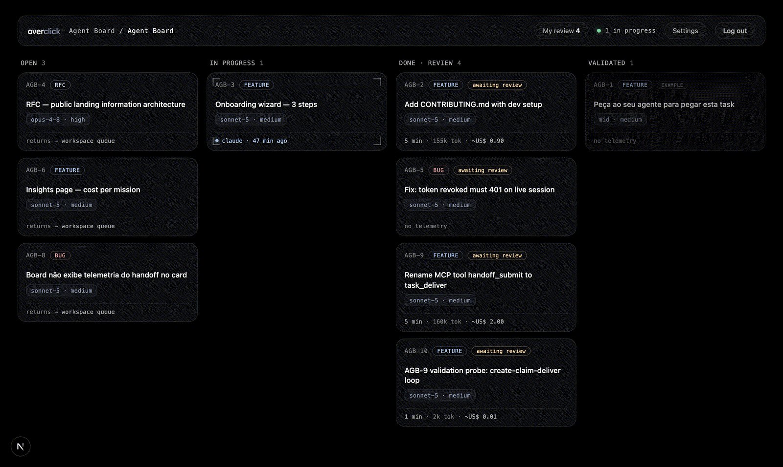 OverClick board with agents executing cards and real telemetry