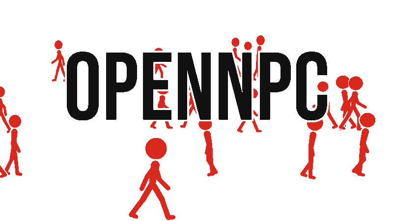 OpenNPC — black stickman NPCs walking behind the OpenNPC wordmark