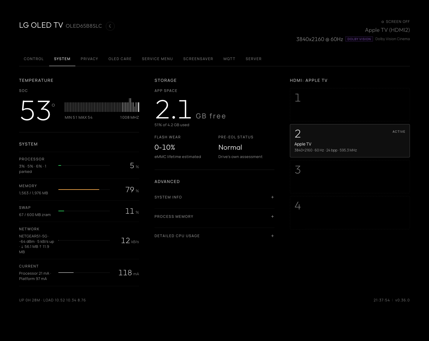 System tab: SoC temperature, system readouts, storage and HDMI ports, dark theme (OLED65B8SLC)