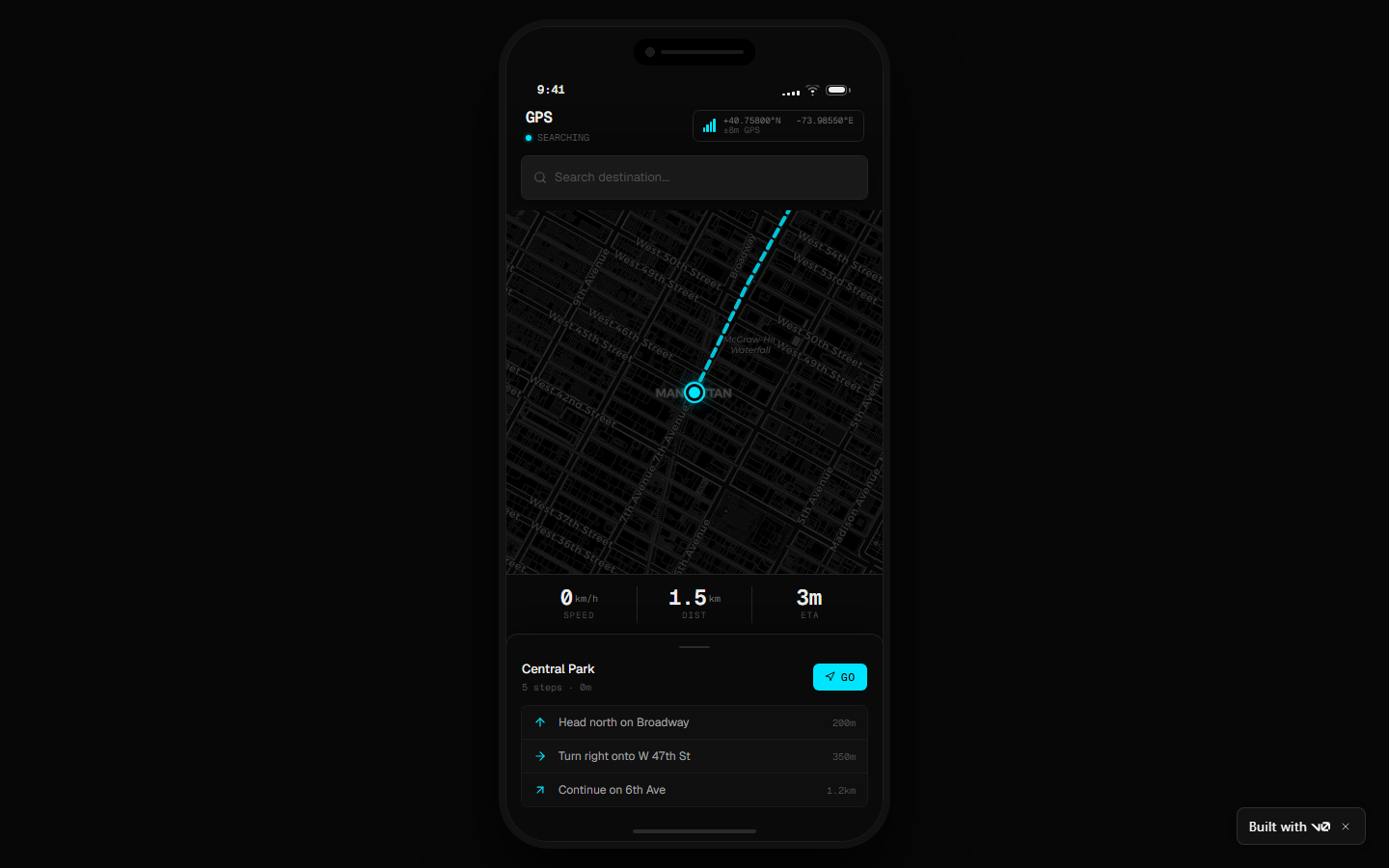 Downstream proof — a running app generated by v0 from a design.md this skill produced