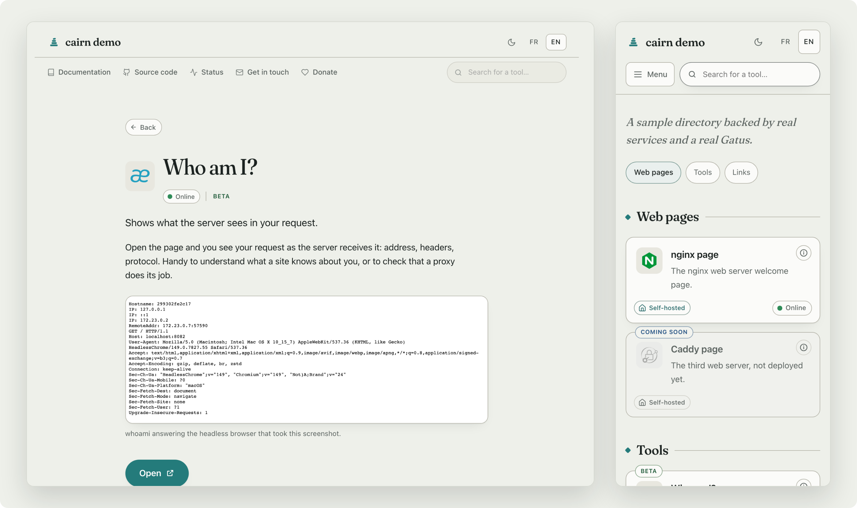 Left: a service detail page, with the name, a live status pill, a paragraph explaining what the tool is for, a screenshot with its caption and a button opening the tool. Right: the same directory on a phone, category chips then cards each showing an icon, a sentence, a self-hosted flag and a status pill