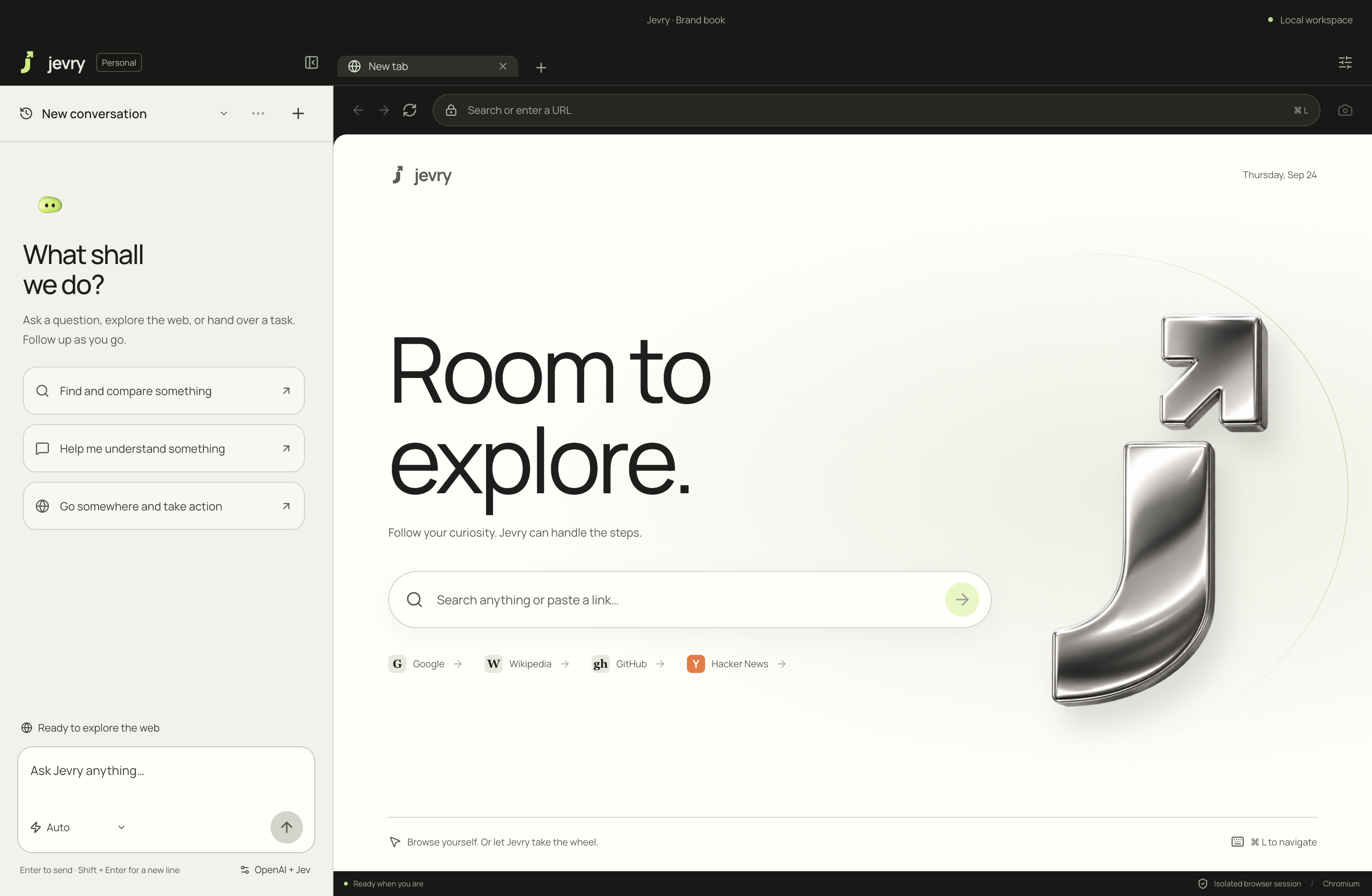 Latest Jevry workspace with the full chrome J artwork, updated conversation sidebar, and browser navigation
