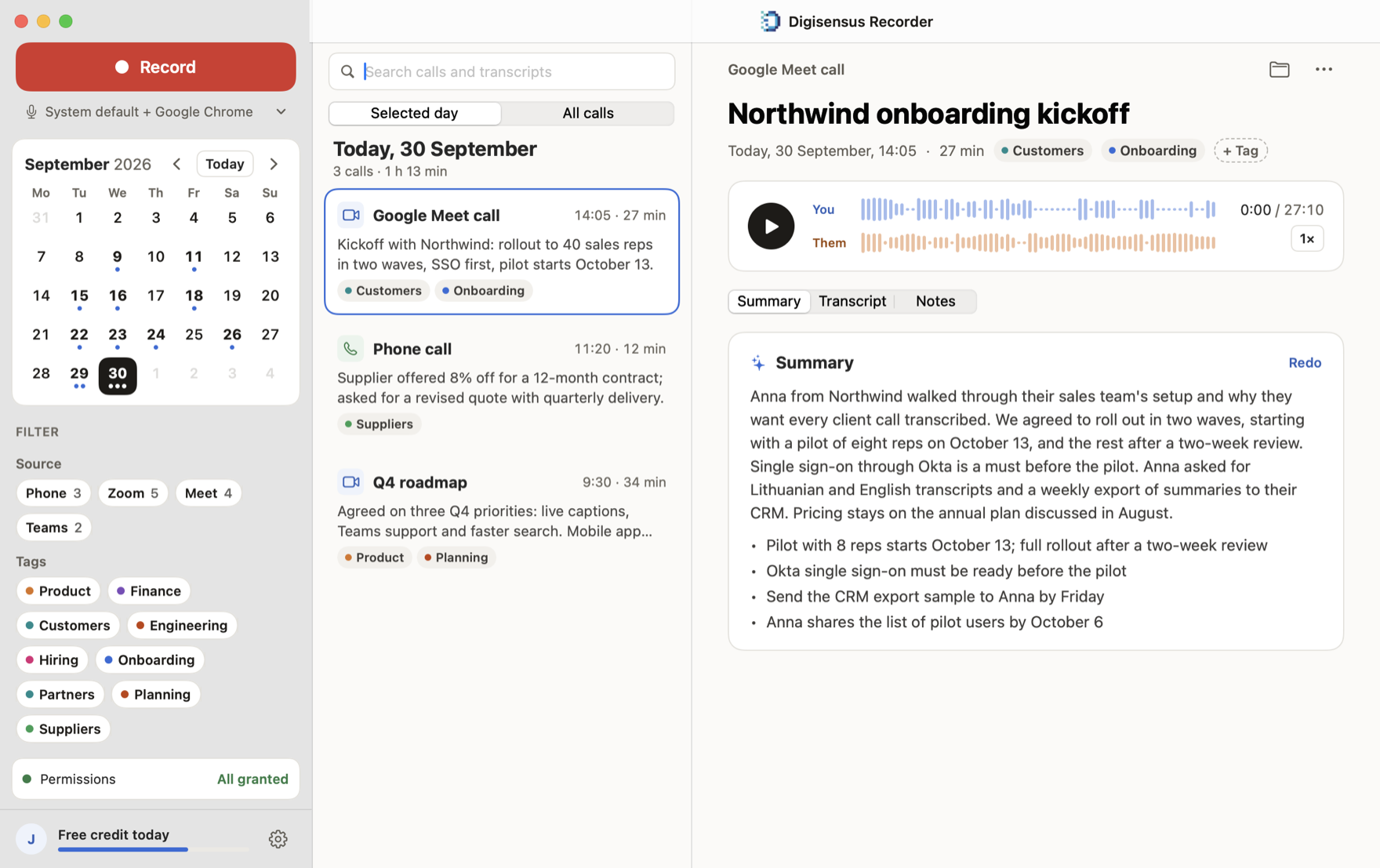 Digisensus Recorder, a call recorder for Mac: a day of recorded calls with AI meeting notes for a Google Meet call