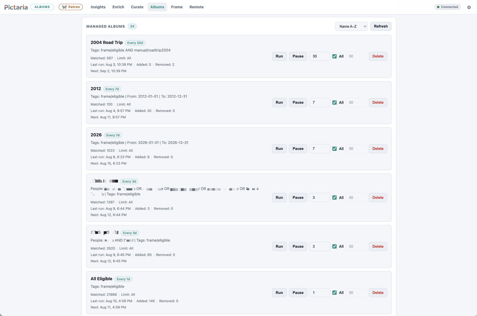Pictaria Server Smart Albums page with scheduled rule-based Immich albums