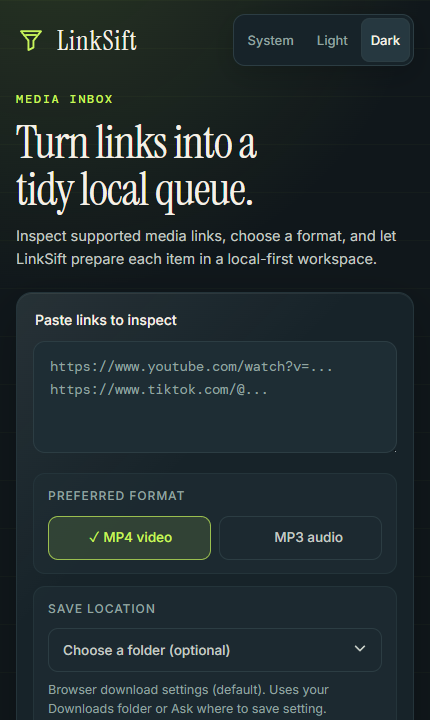 LinkSift dark theme mobile workspace
