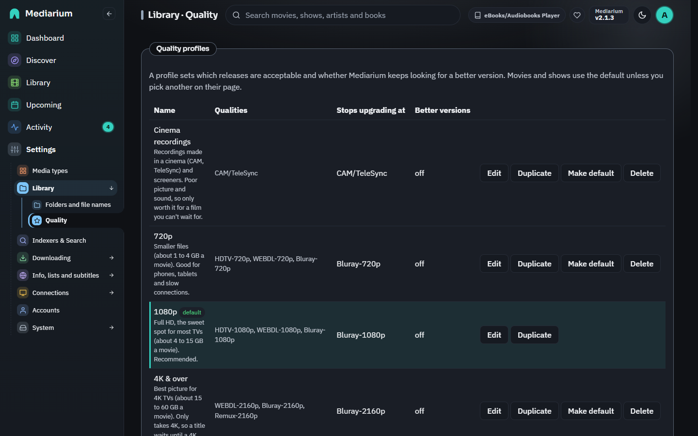 The Quality page with the quality profiles table