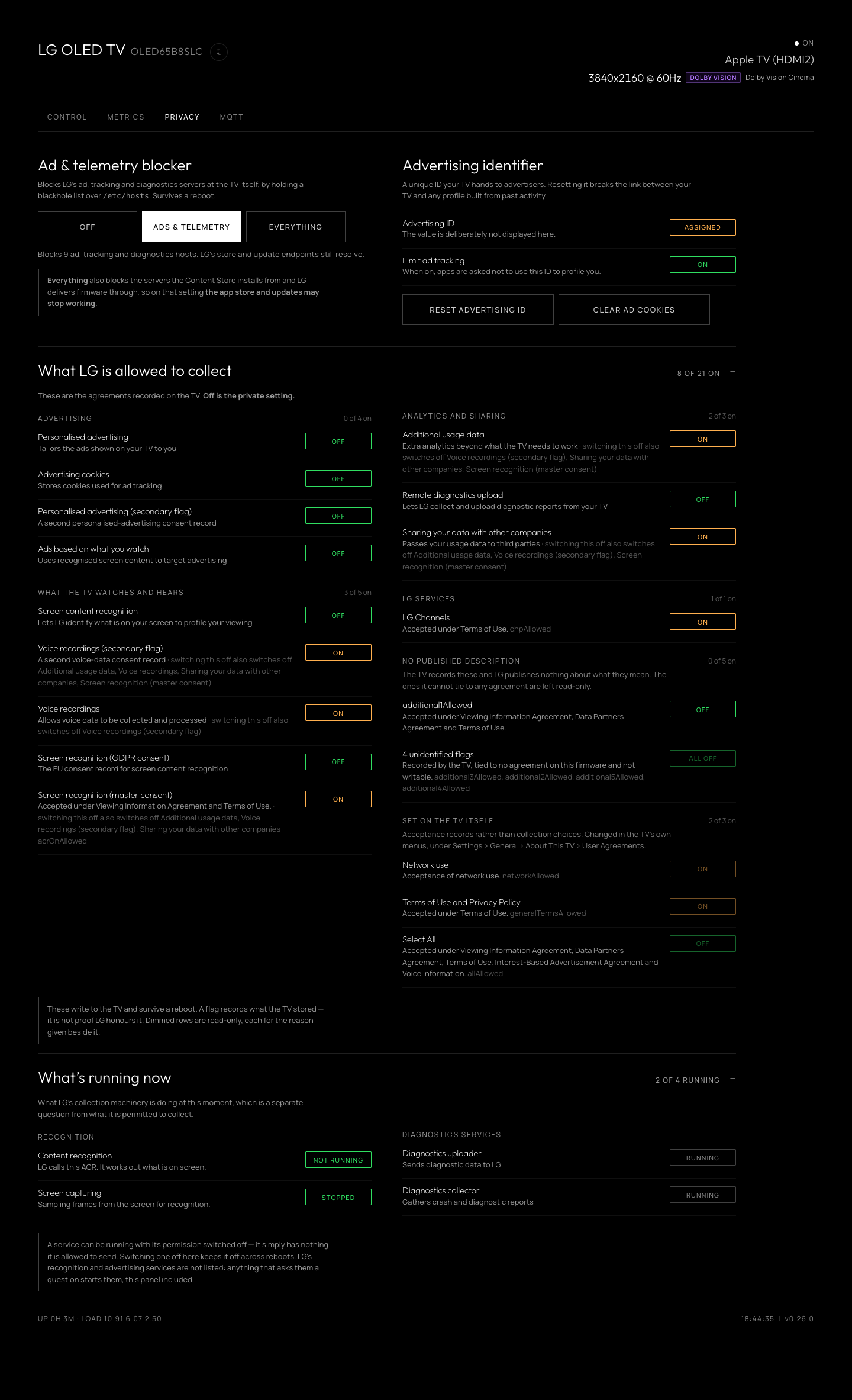 Privacy tab: ad and telemetry blocker, advertising identifier, the data collection agreements grouped by subject with toggles, and what is running now