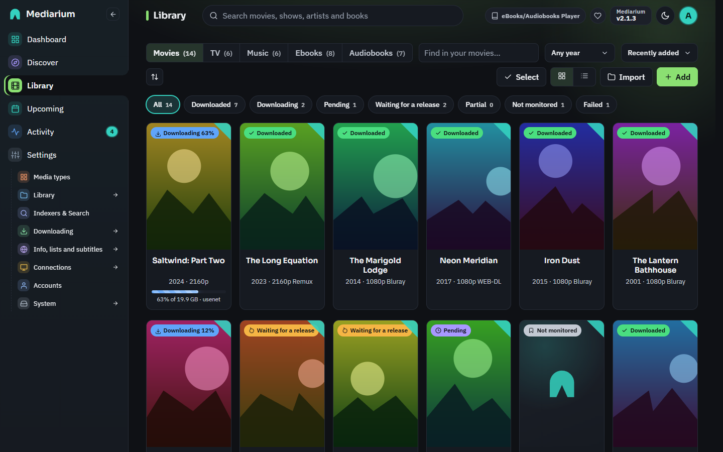 Library of movies with a status badge on each poster