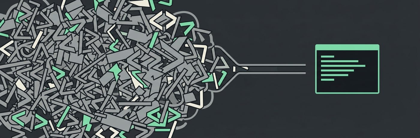 A tangle of raw HTML being funneled into a small, tidy terminal window