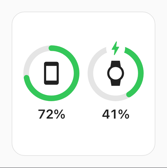 A small square battery card: two green rings, a phone at 72% and a watch at 41% charging