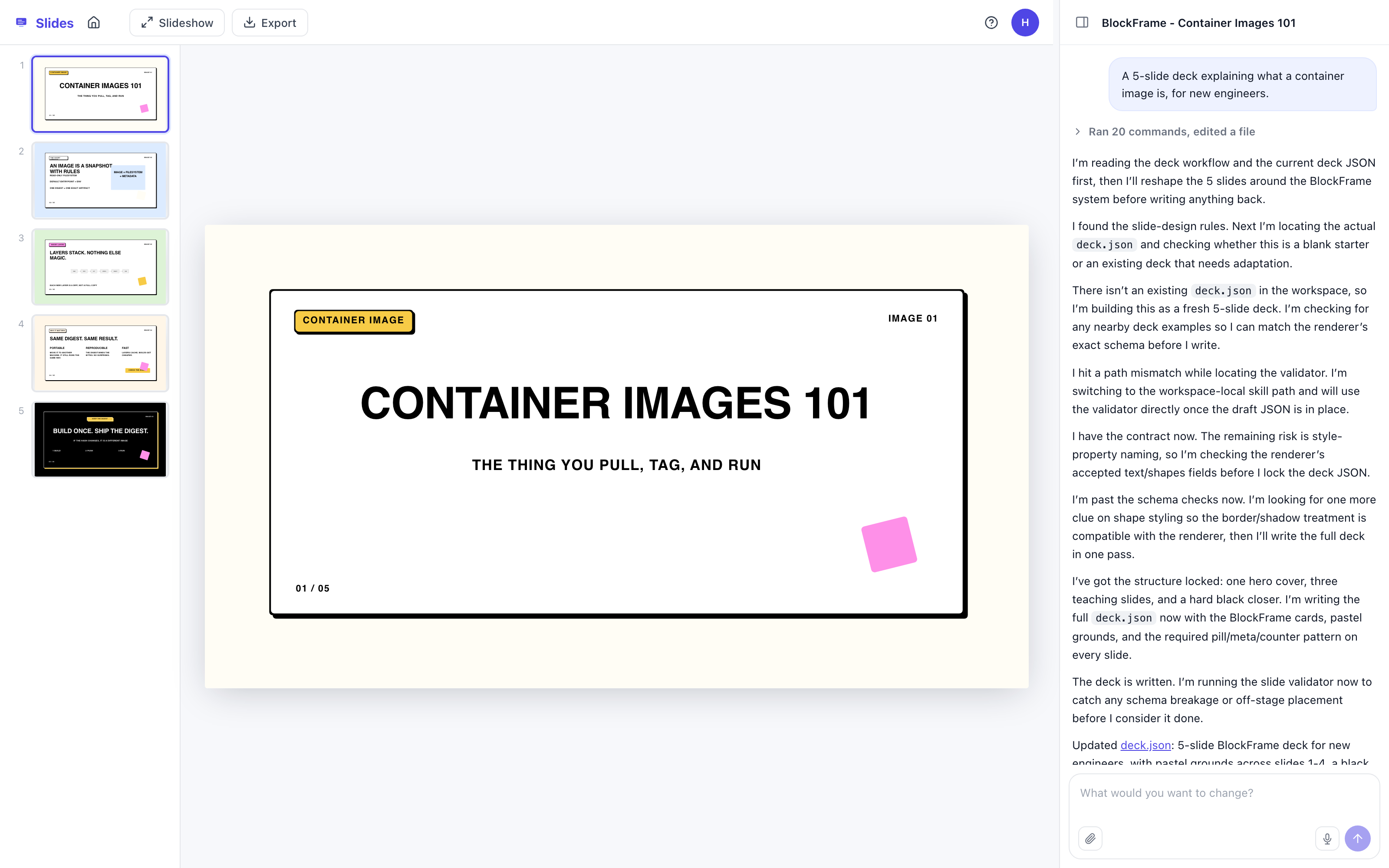 The Slides editor: the sentence at the top of the conversation, the run underneath it, and the deck it produced