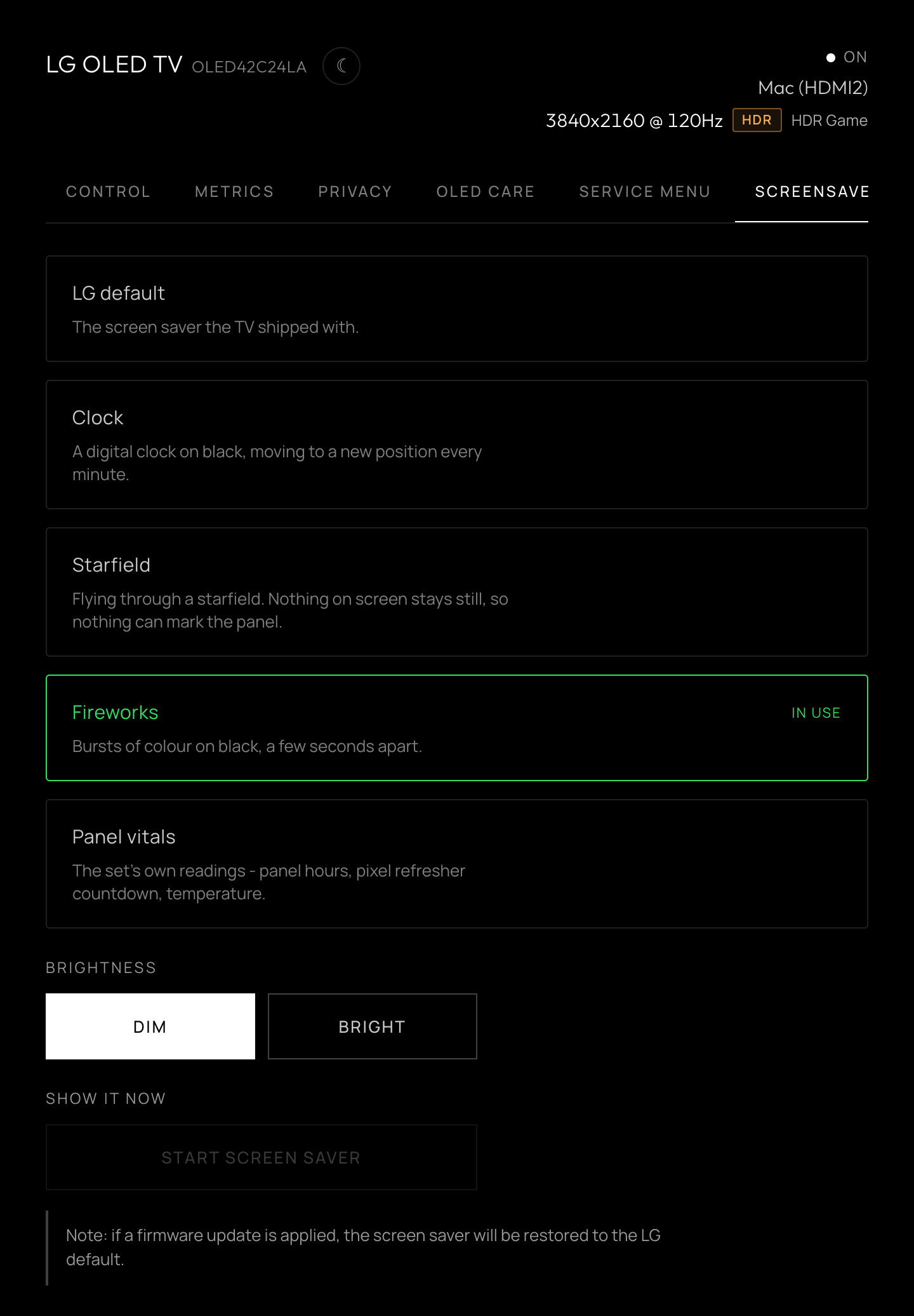 Screensaver tab: LG default, Clock, Starfield, Fireworks and Panel vitals, with a dim and bright toggle