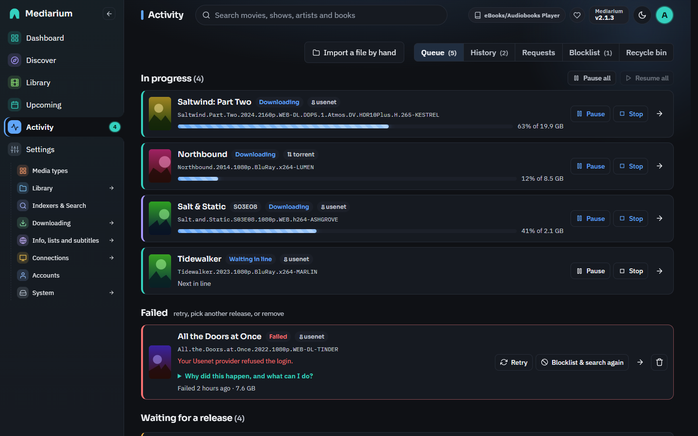 Activity page with downloads in progress, waiting in line and failed