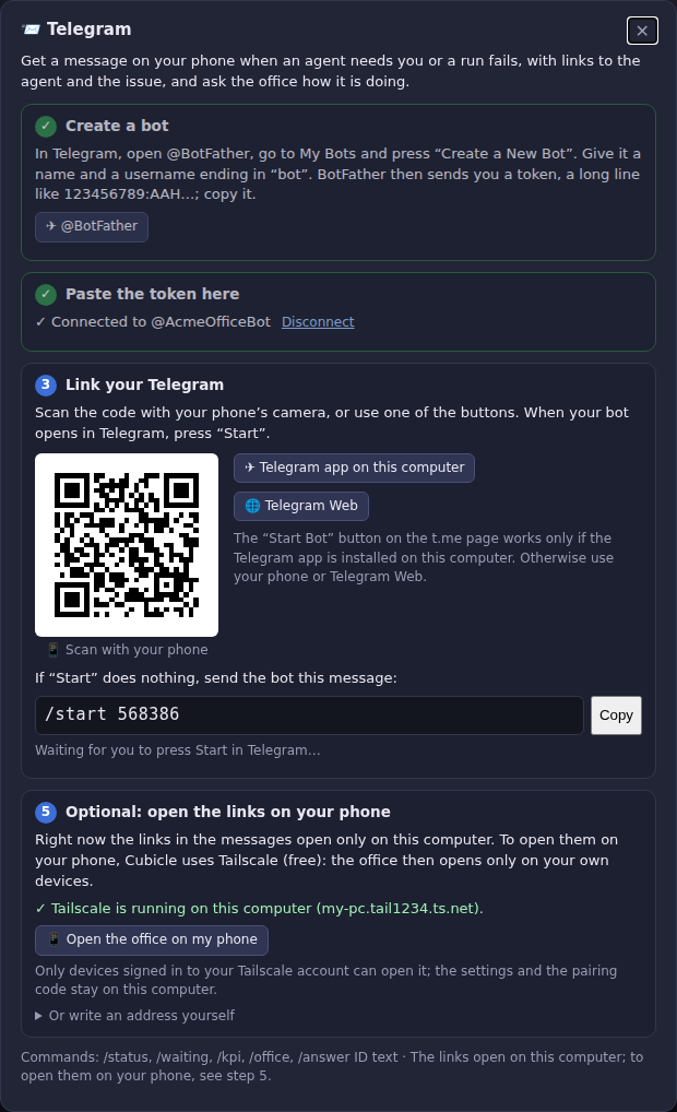 The Telegram dialog: bot connected, a QR code to link your phone, the /start code, and one button to open the office on your phone with <a href=