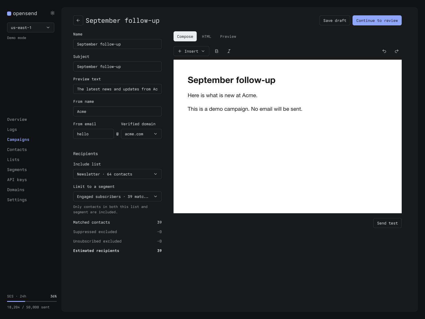 Campaign composer with visual email editing and audience selection