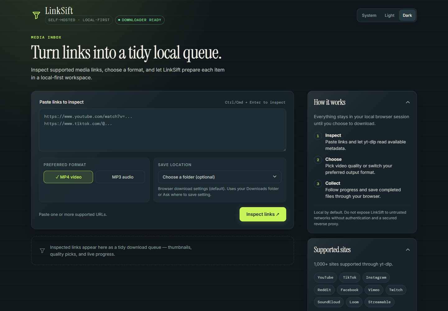 LinkSift dark theme desktop workspace