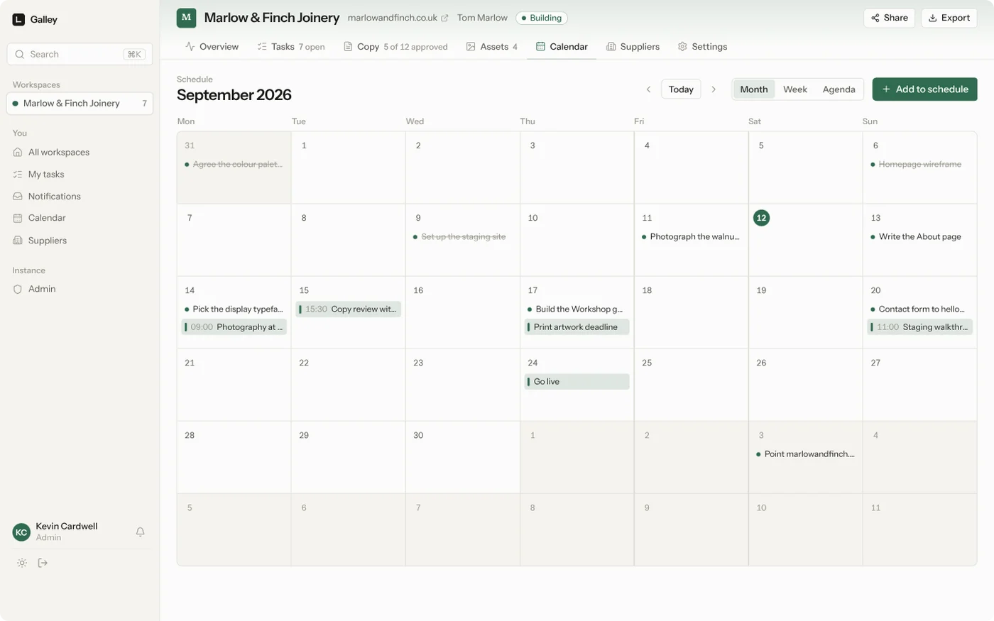A month calendar showing task deadlines and timed schedule entries