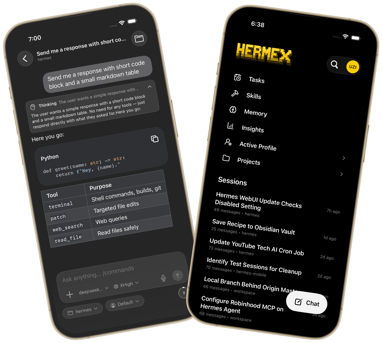 Hermex running on two iPhones: a streaming chat session and the home screen with Tasks, Skills, Memory, Insights, and Sessions