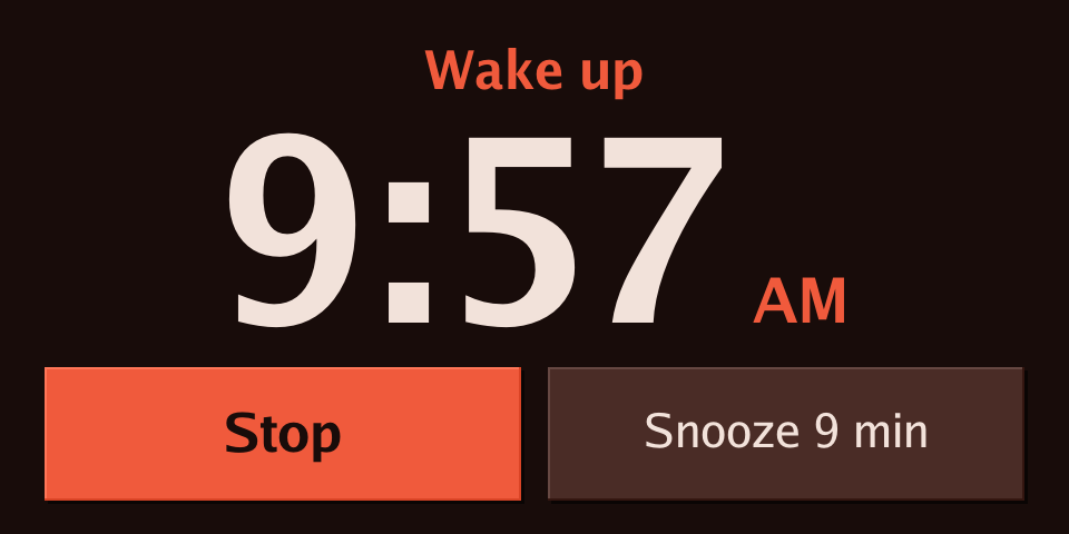 An alarm ringing, with Stop and Snooze
