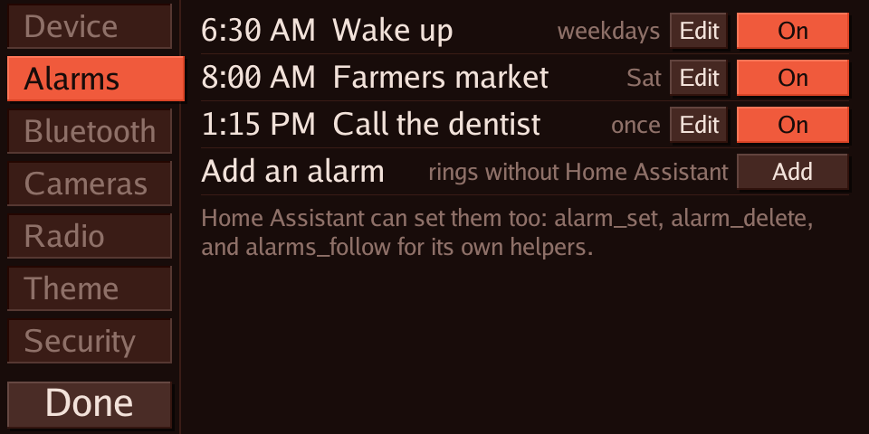 Settings: Alarms tab