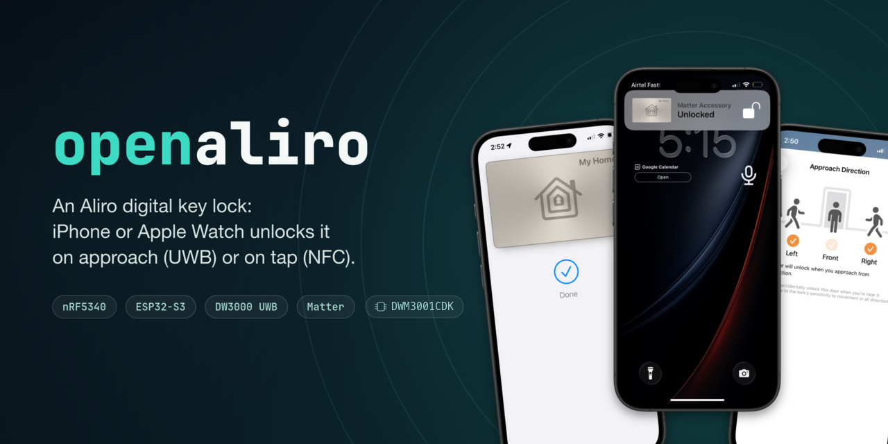 openaliro: an Aliro digital key lock that an iPhone or Apple Watch unlocks on approach (UWB) or on tap (NFC)