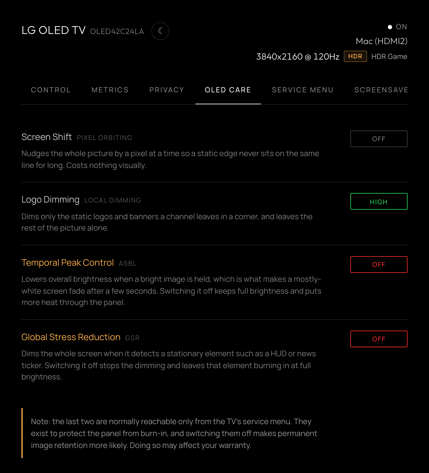OLED Care tab: screen shift, logo dimming, temporal peak control and global stress reduction, each described, with switches and a warranty warning