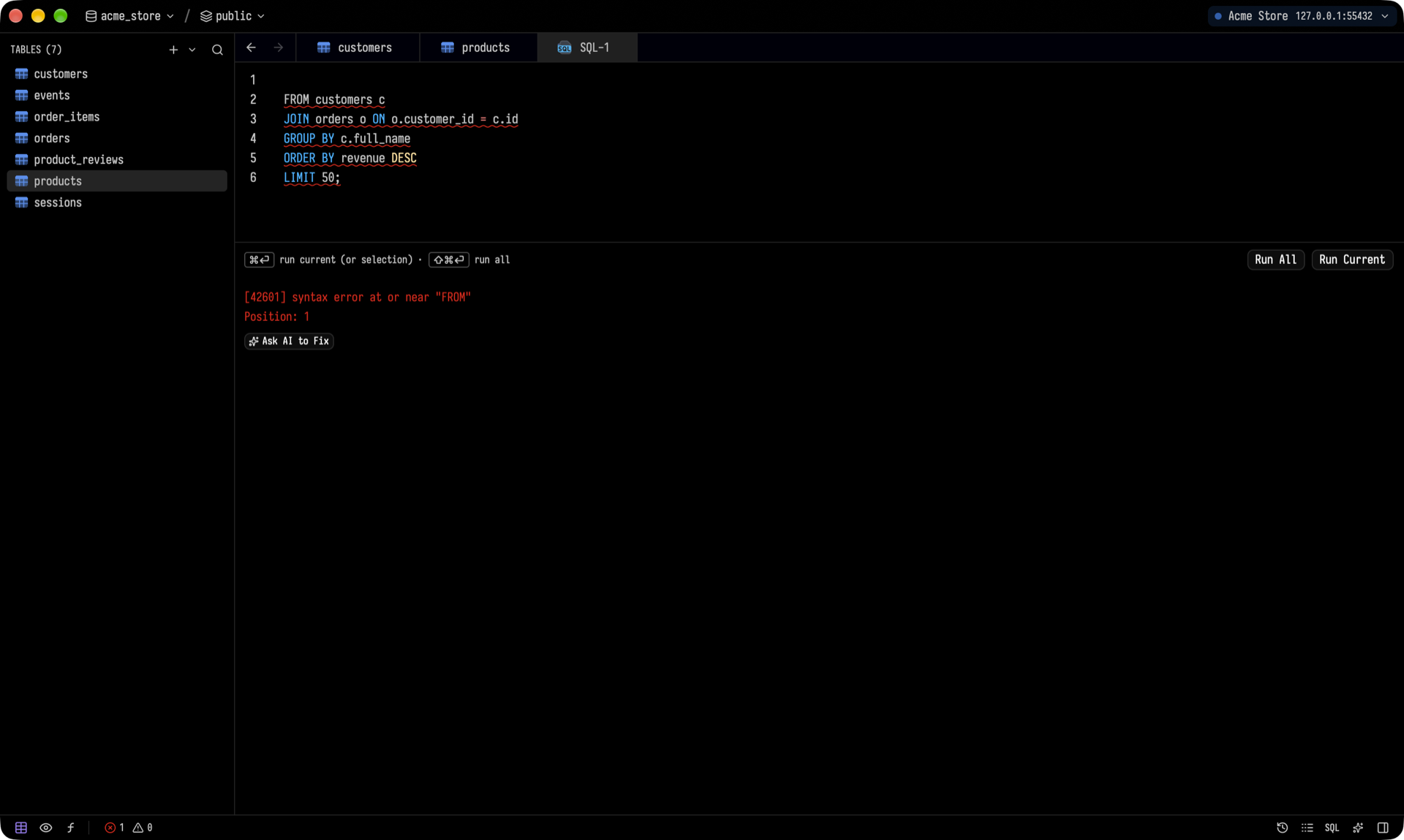 Query error with Ask AI to Fix