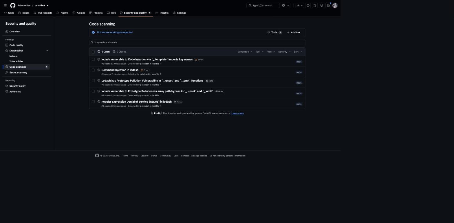 Code scanning alerts detected by patchbot