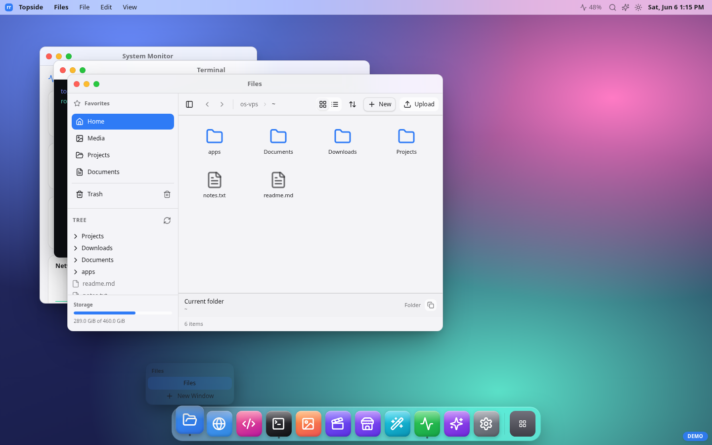 Topside desktop — Files, Terminal and System Monitor <a href=