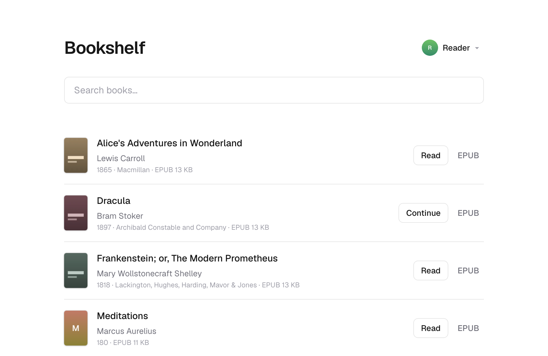 The shelf: a searchable list of books with covers, a profile switcher, and a Continue button on the book being read