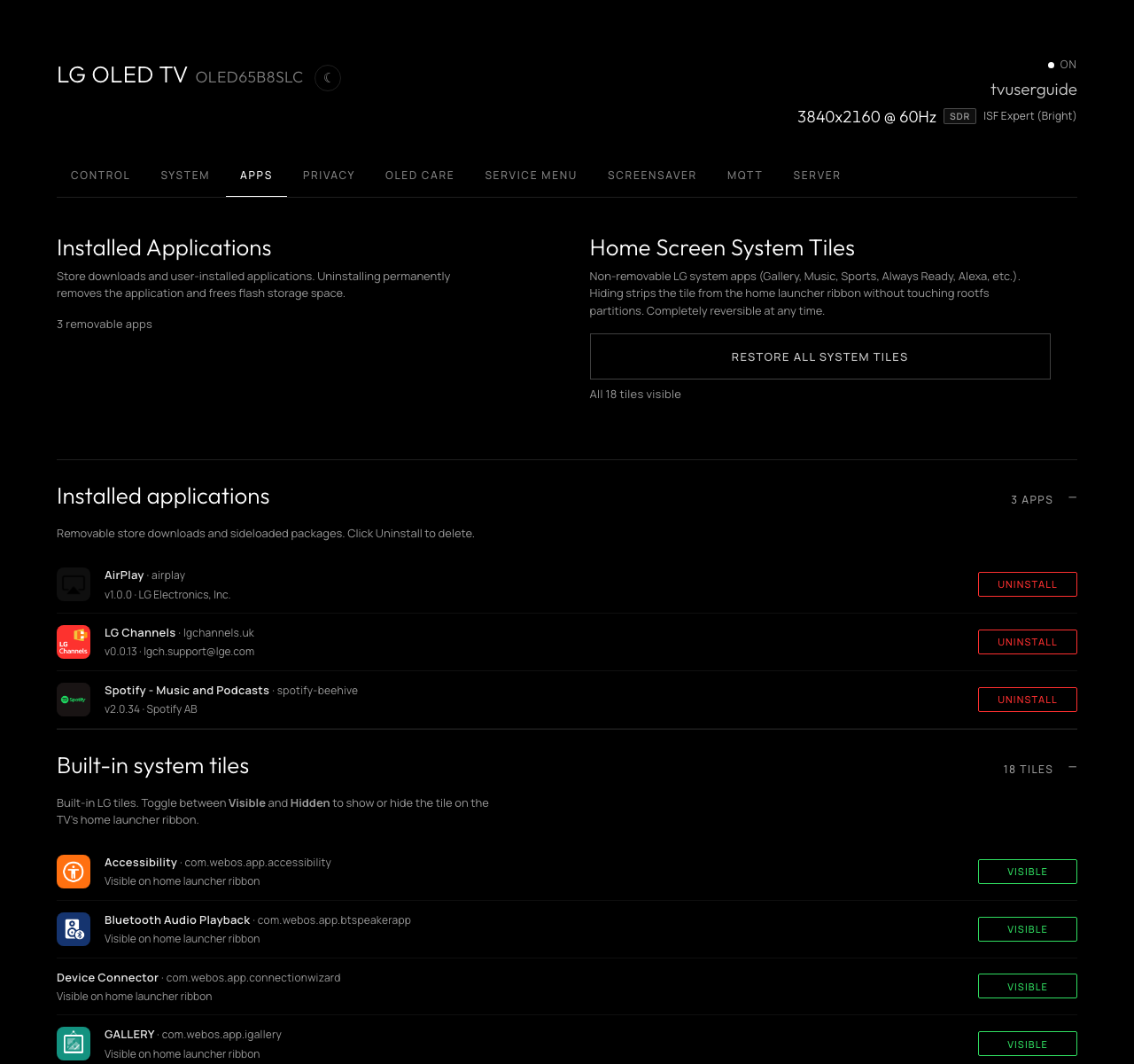 Apps tab: installed applications with uninstall actions, and built-in system tiles with visibility toggles