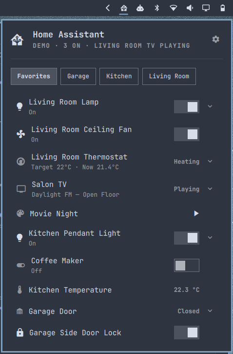 Home Assistant panel in demo mode using the Nord theme