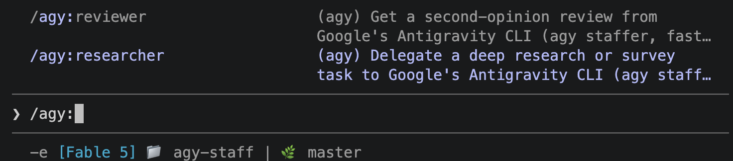 the /agy: command menu in Claude Code