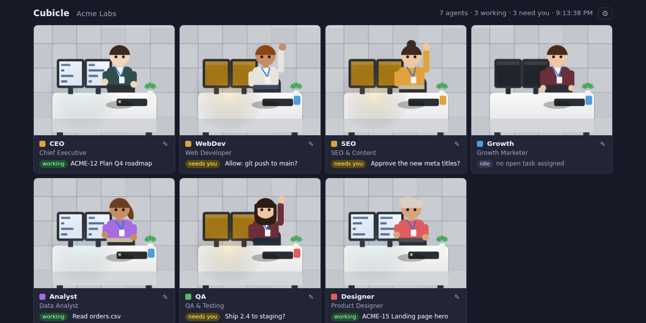 With the animation off, each card shows the agent at its desk: working, or with a hand up when it needs you