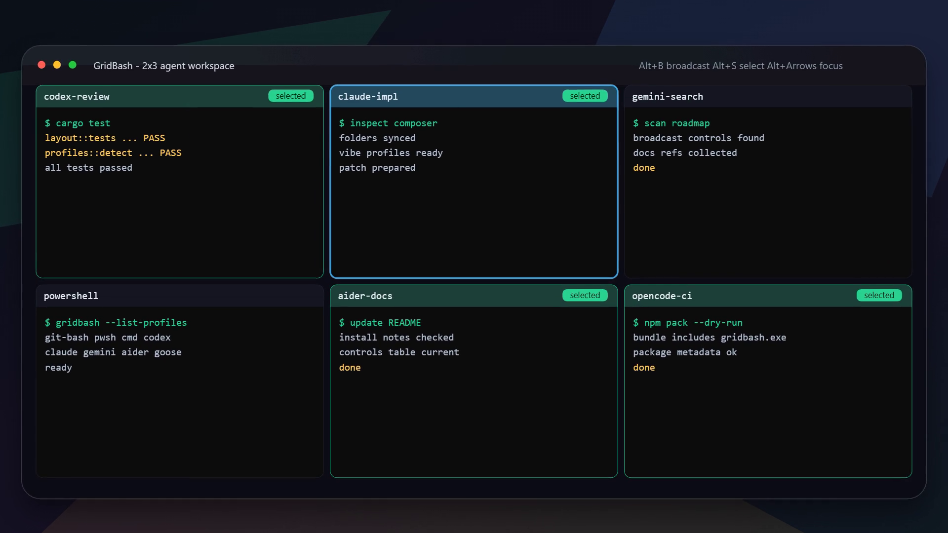 GridBash running six CLI coding agents in one terminal grid