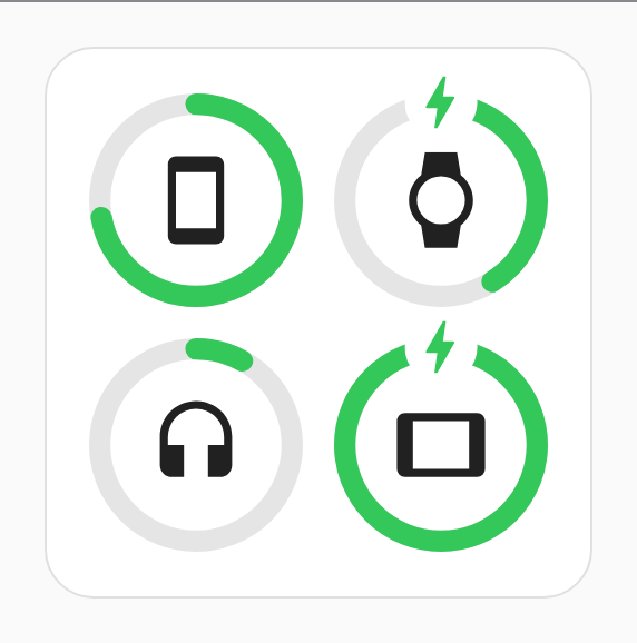 A small square battery card: four green rings without percentages, in a two by two grid