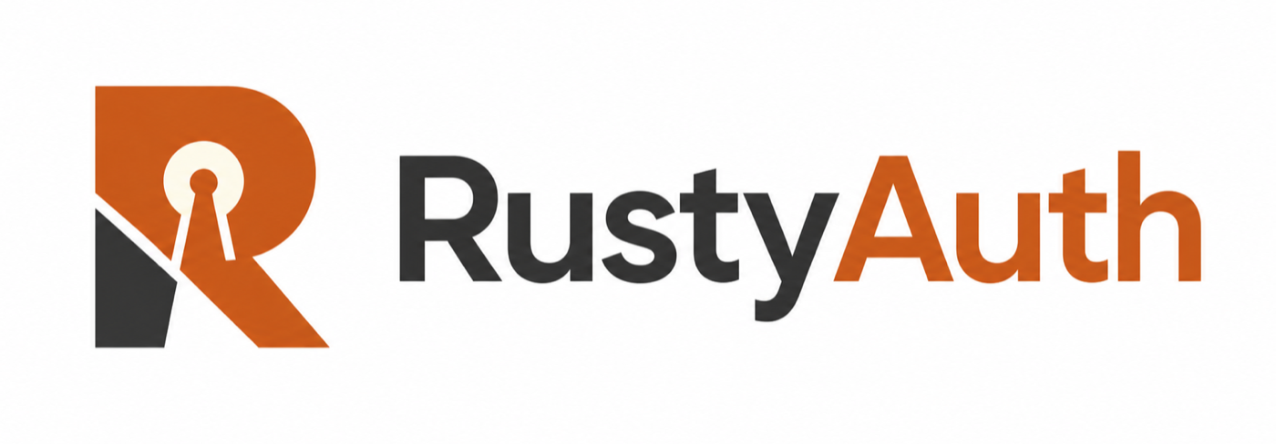 RustyAuth — a copper and graphite R with an integrated passkey aperture