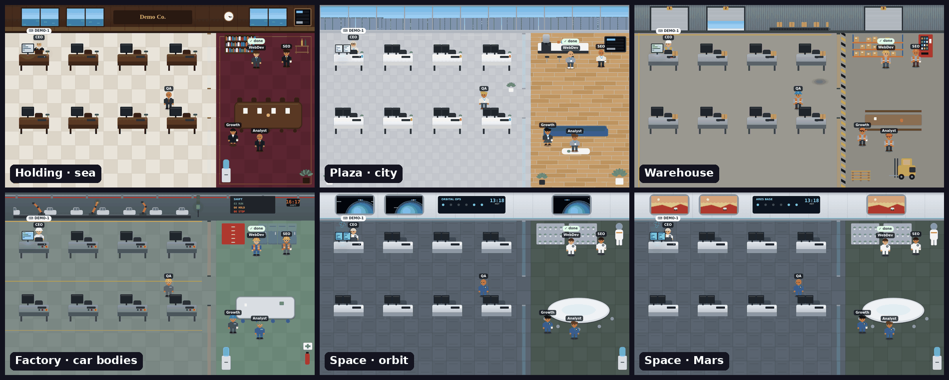 HD themes: holding, plaza, warehouse, factory, space