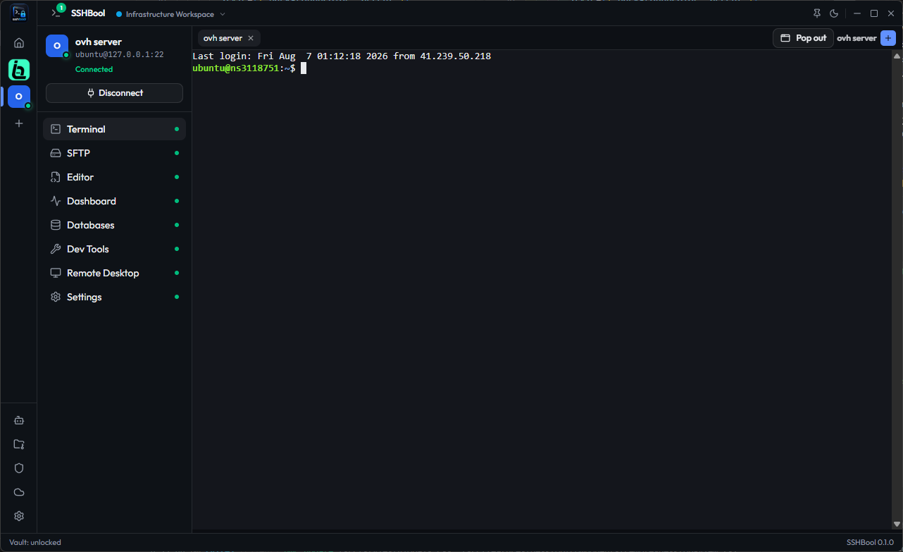 Active SSH Terminal Workspace - Tabbed Sessions