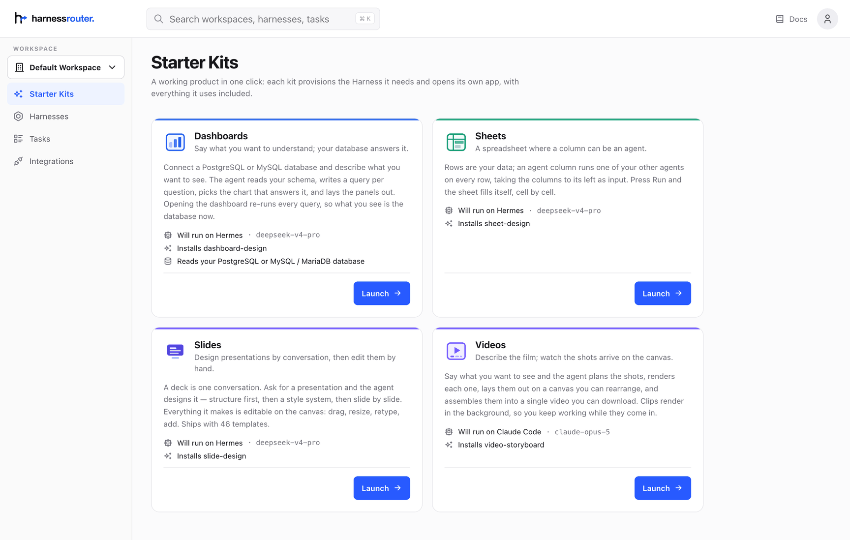 The Starter Kits page, before any kit has been launched