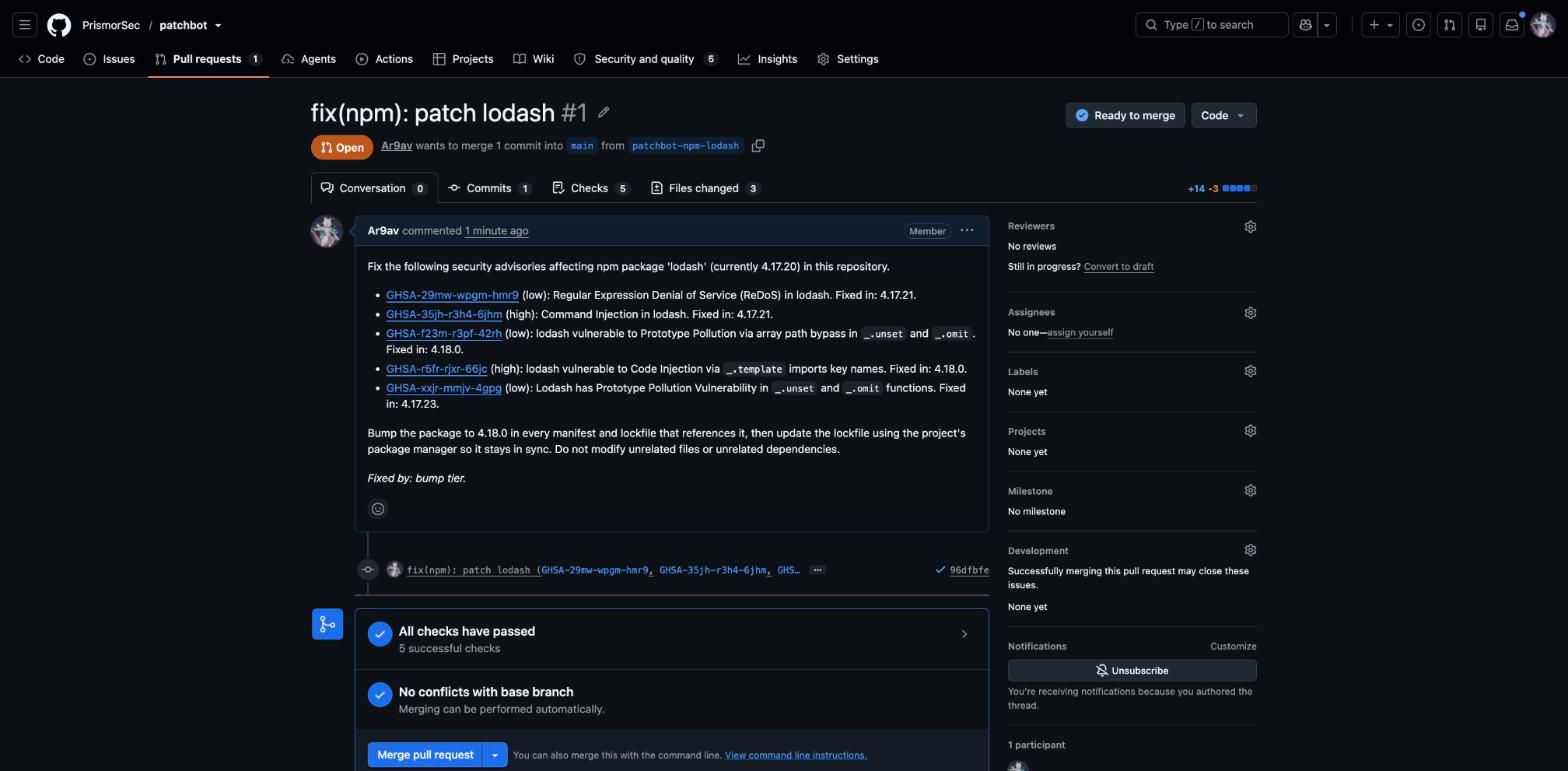 A pull request opened by patchbot