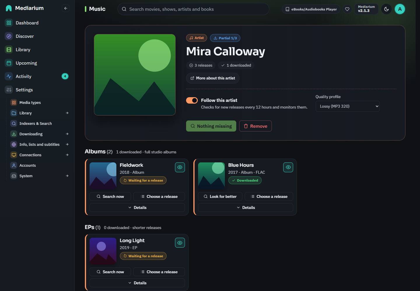 An artist page in the music library