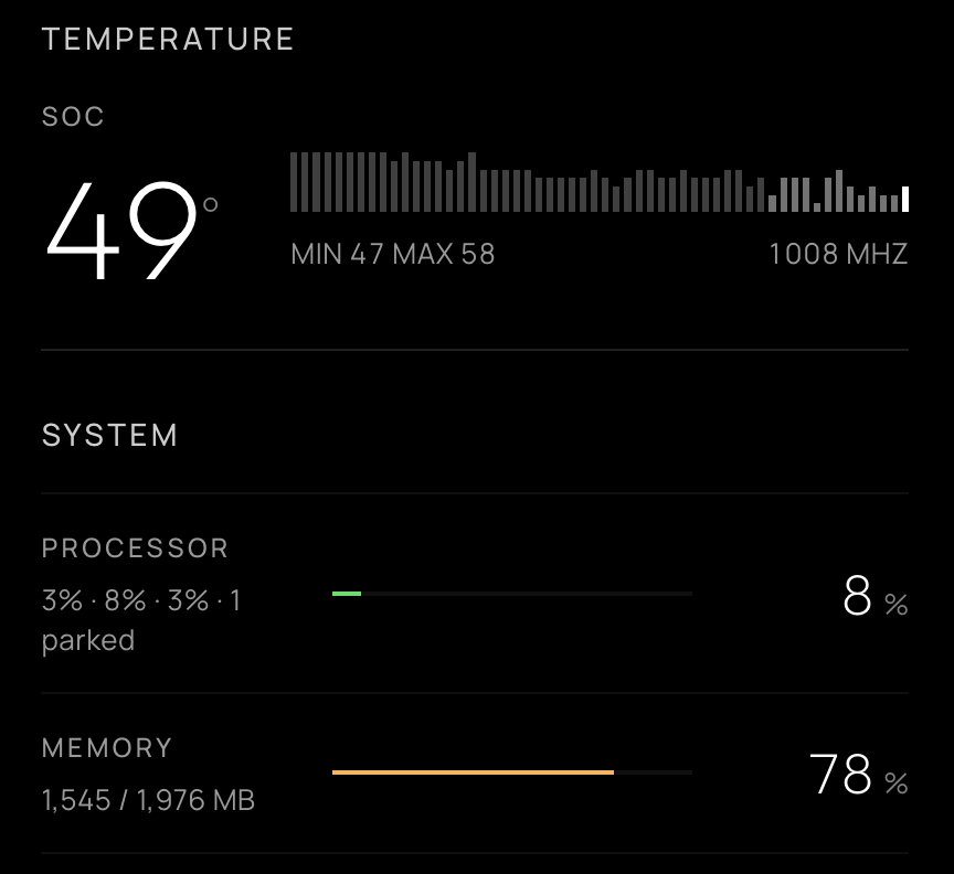 System tab: processor, memory, swap, network and current draw readouts