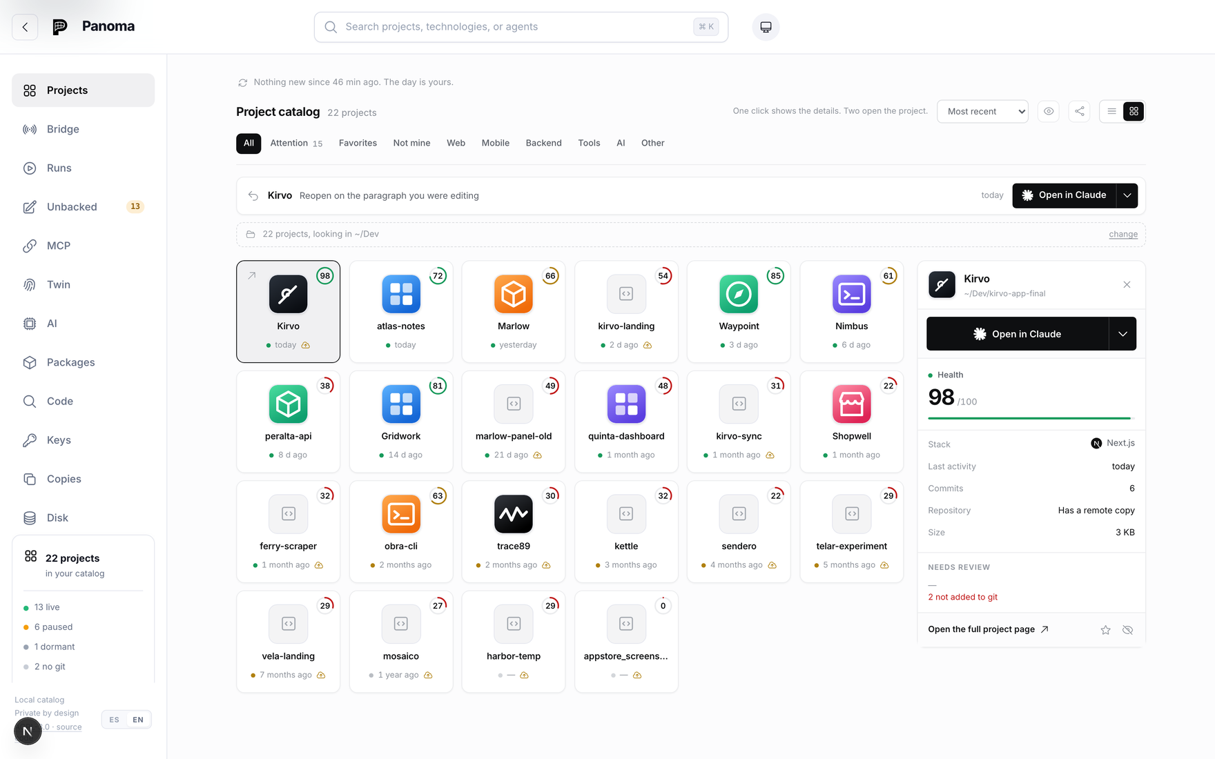 The panoma catalog: the same projects displayed as cards with their icon, name, health, and last activity, ordered by recency with one detail panel open.