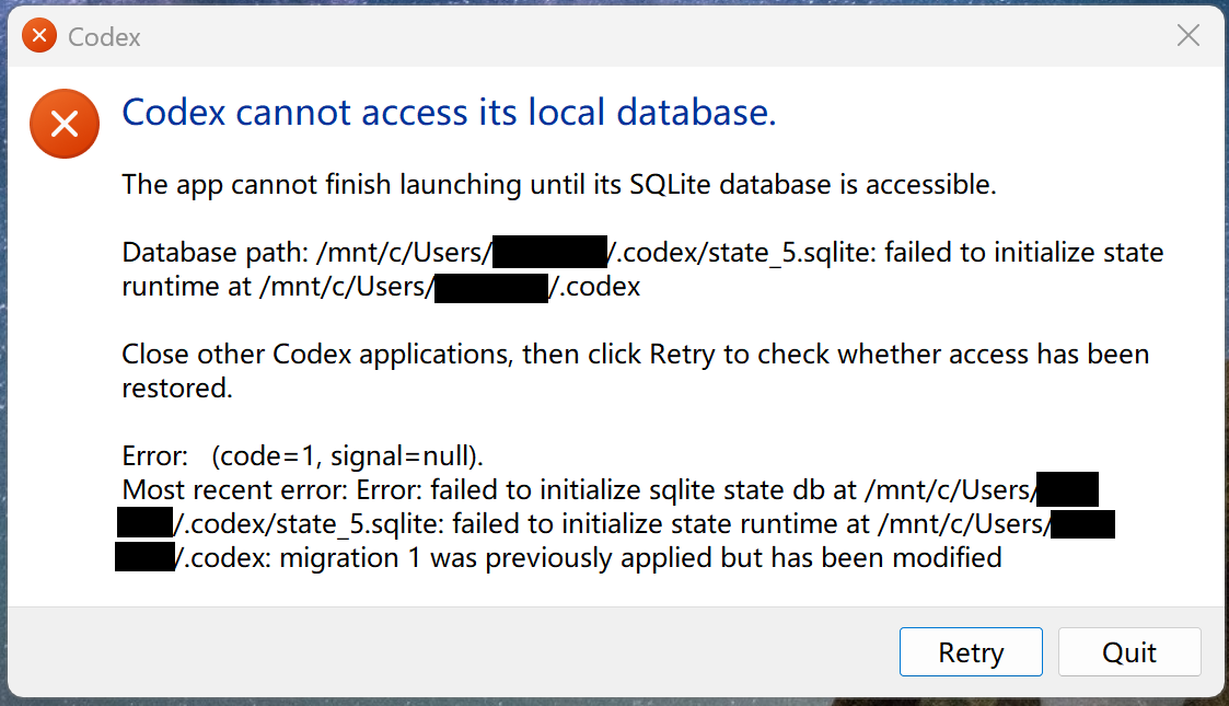 Redacted screenshot of the Codex local database startup error