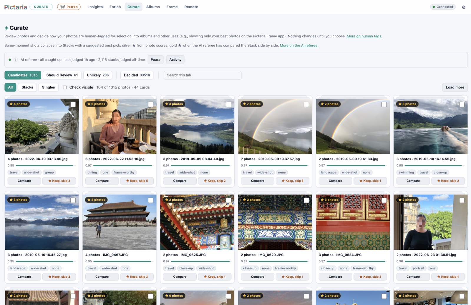 Pictaria Server Curate page with stacks of related photos and suggested keepers