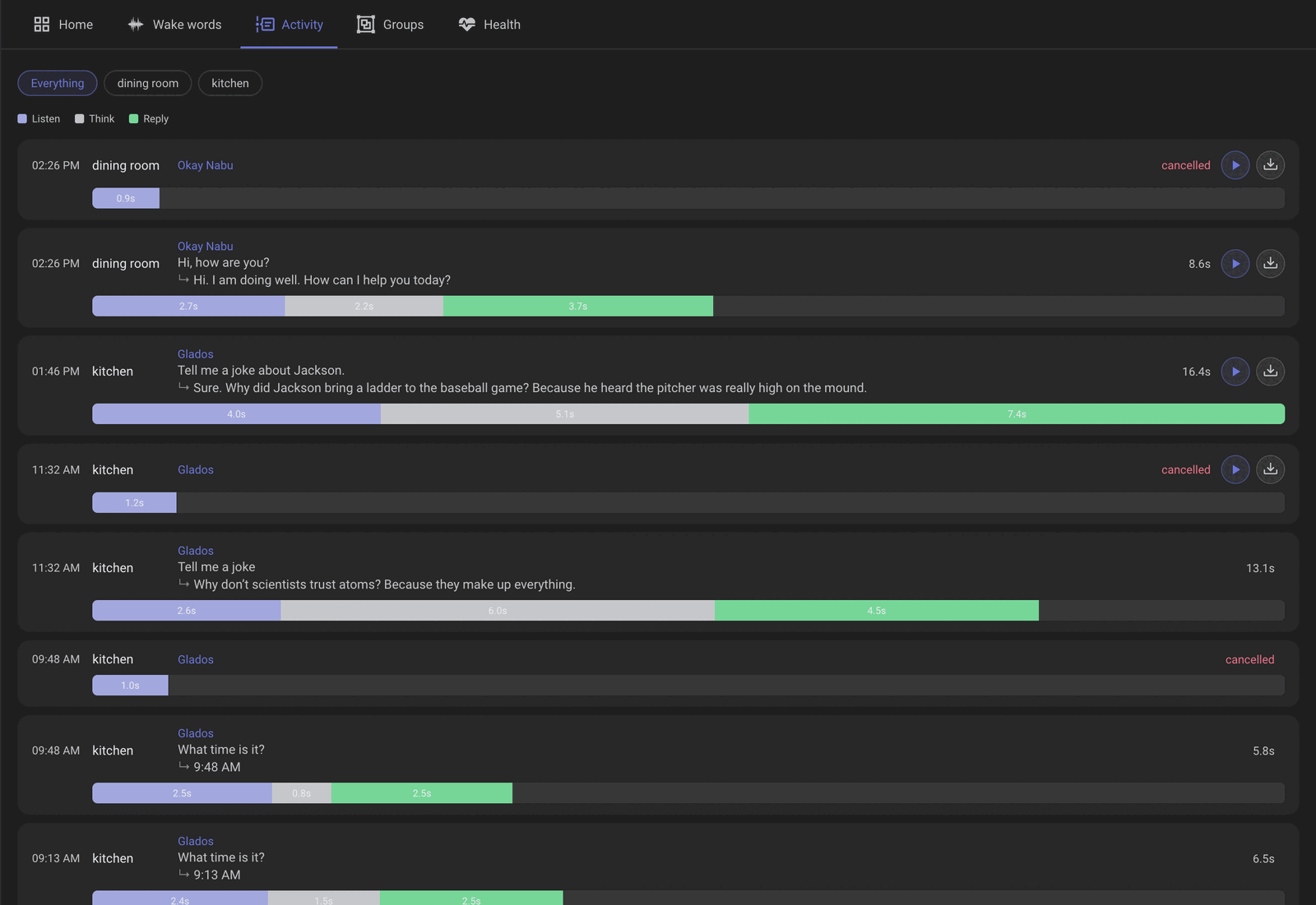 The activity view: turns with their wake word, transcript, reply and a bar of listen, think and reply times