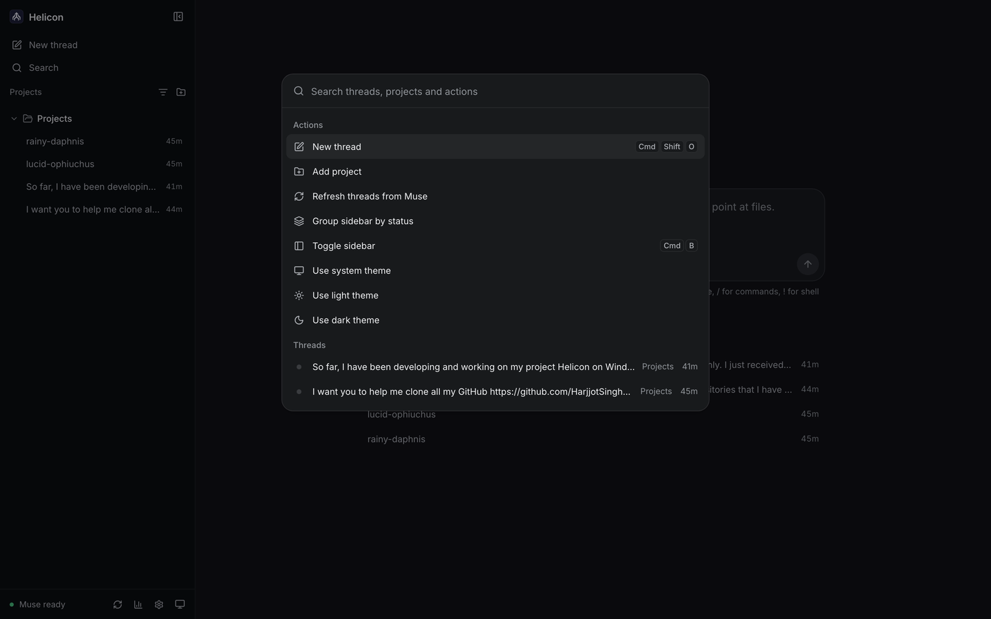 The command palette: threads, projects, and actions on Cmd/Ctrl+K