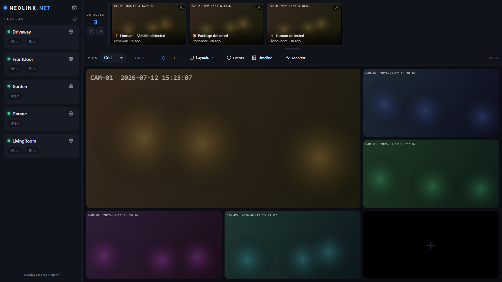 The Neolink.NET web UI: camera wall with resizable tiles and the event review strip